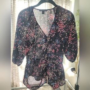 Banana Republic Floral Pattern Navy Blue Peplum Blouse Size Petite XS